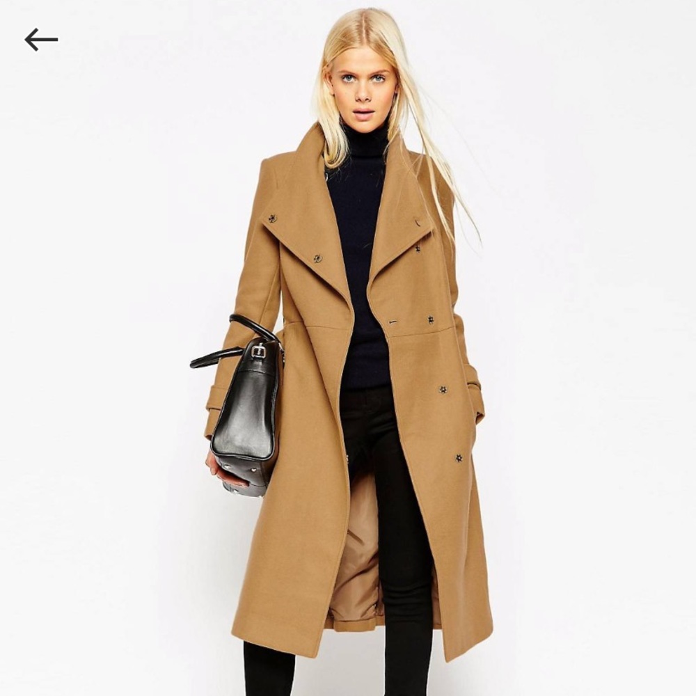 ASOS Coat With Funnel Neck And Belt In Wool - Camel